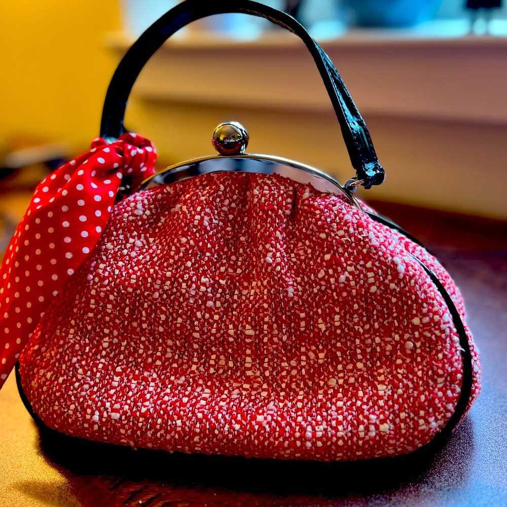 Glenda Gies handbag. Red tweed outside, red and white polka dot silk inside